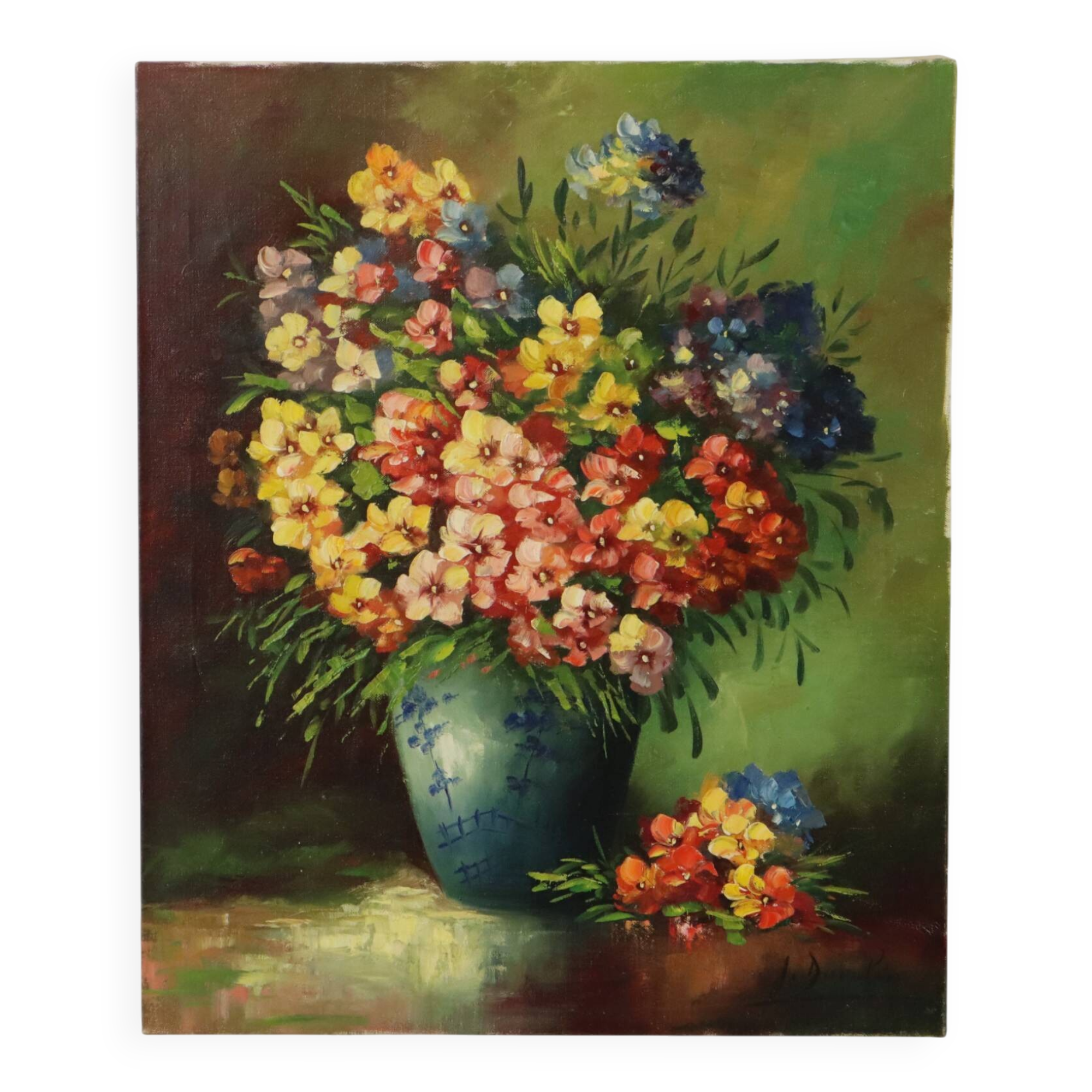 Grande nature morte de fleurs colorées signée 60x50cm