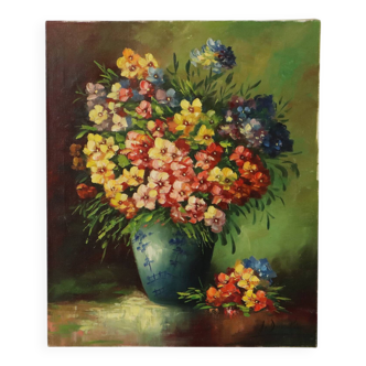 Grande nature morte de fleurs colorées signée 60x50cm