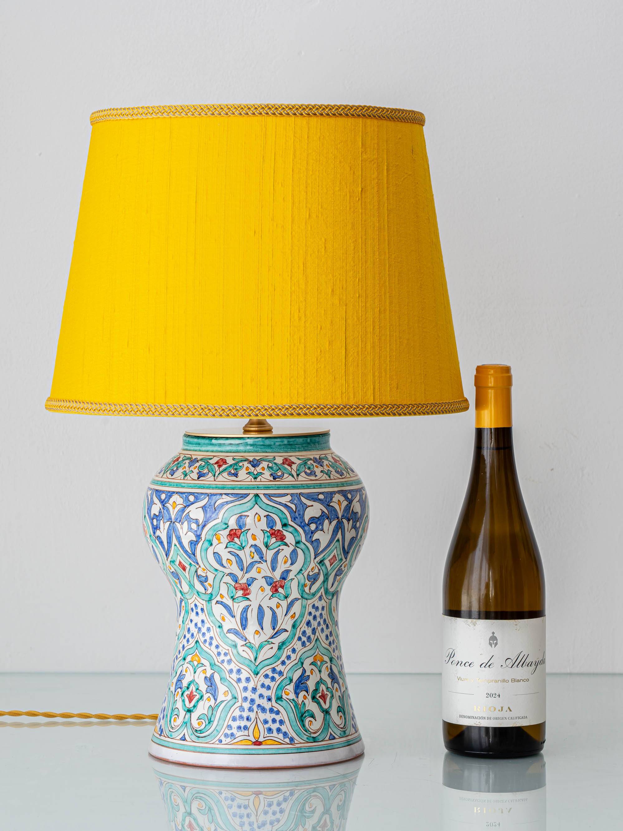 Mediterranean Table Lamp in Hand-Painted Spanish Ceramic, New Yellow Silk Shade
