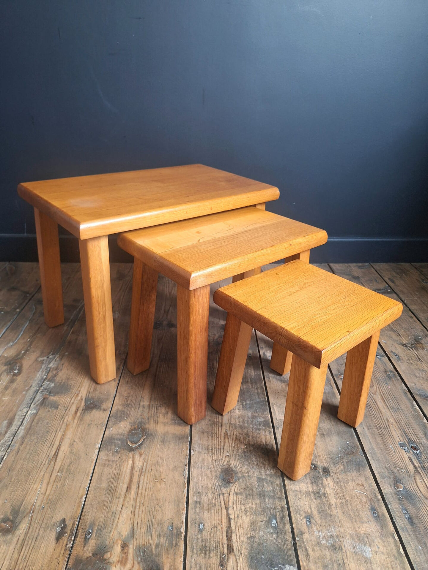 3 nesting tables in vintage elm, brutalist design.