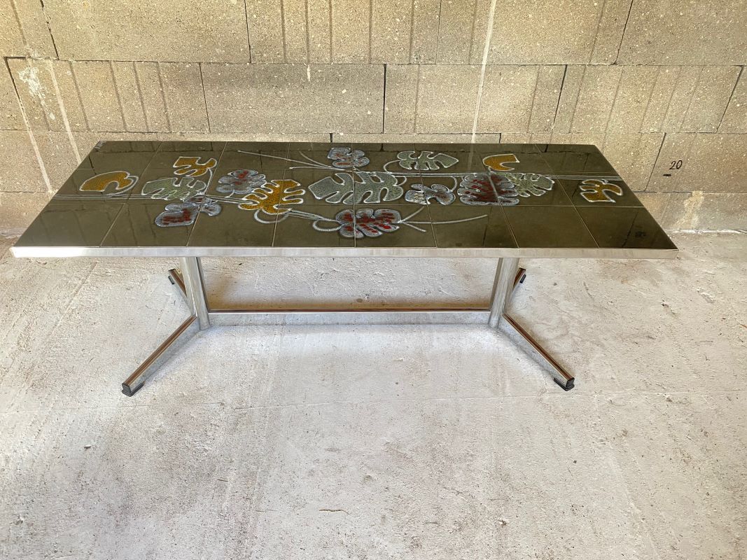 Vintage coffee table in ceramic and chrome steel ceramist adri Vallauris 1960