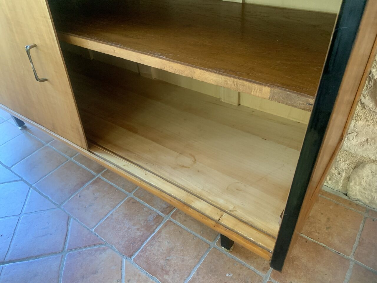 Small vintage row with sliding doors, metal legs Circa 50's