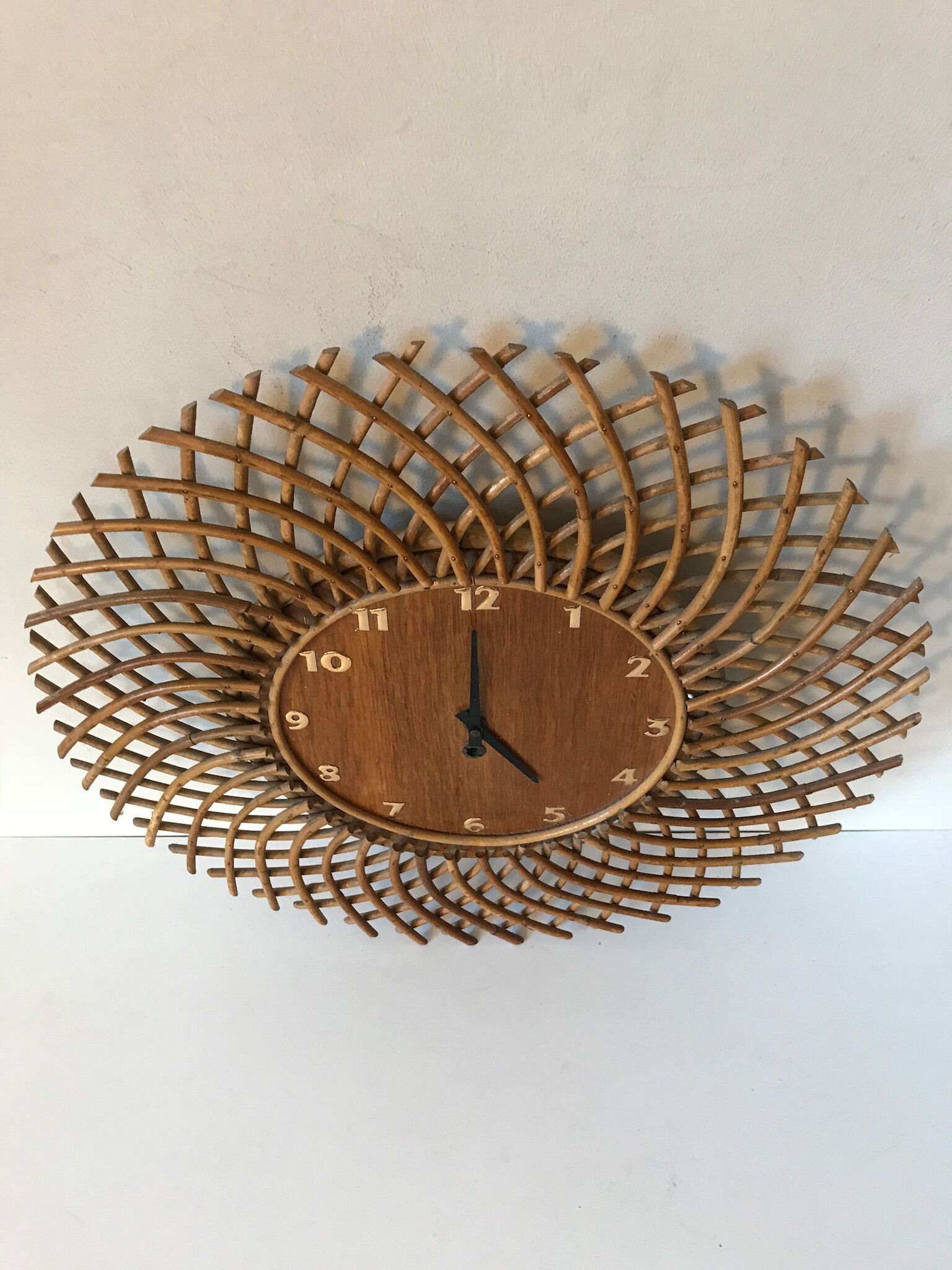 1960s vintage rattan sun clock