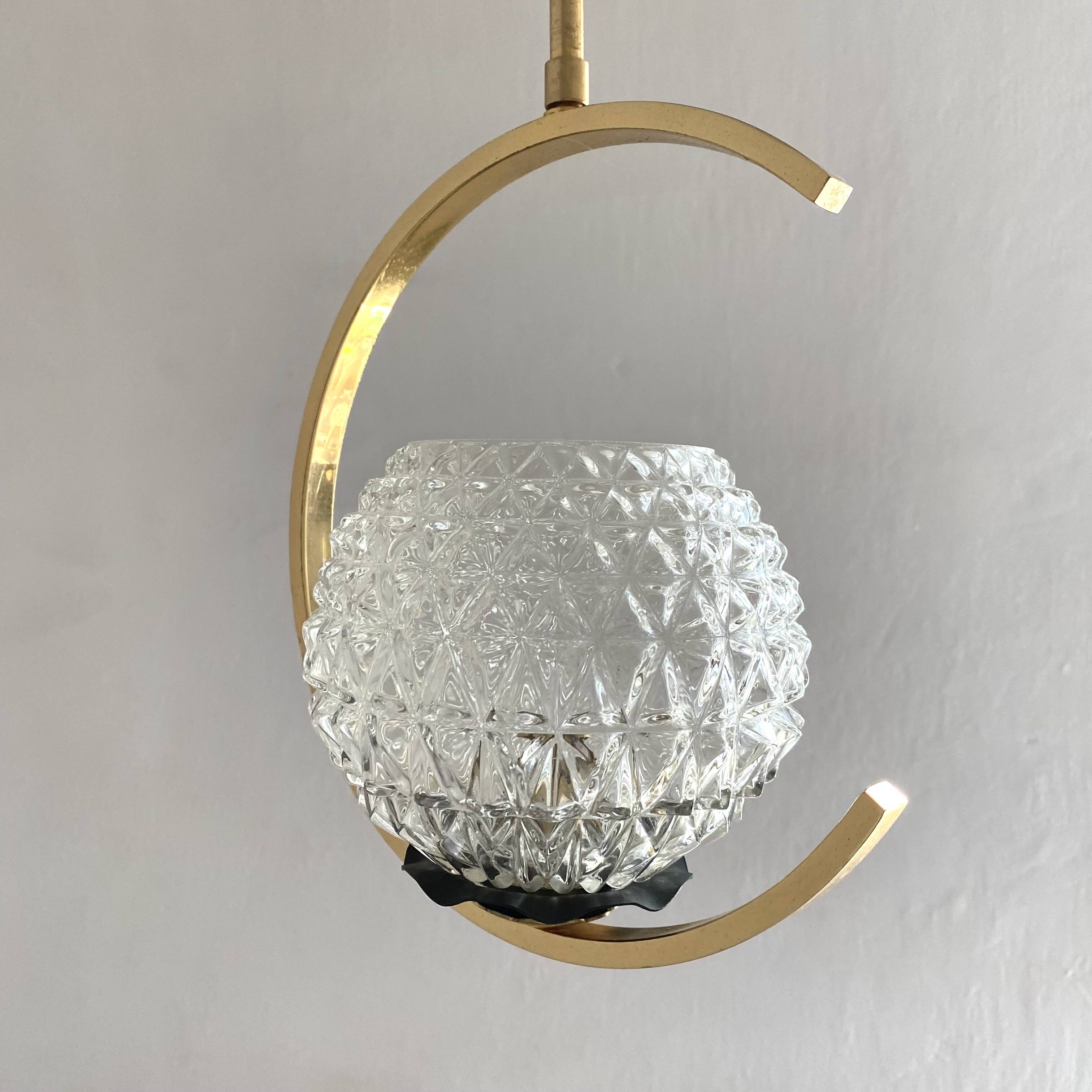 60s Arlus style pendant light, brass and glass