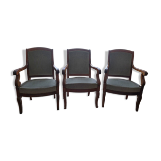 Set of 3 Louis Philippe style armchairs in almond green velvet fabric