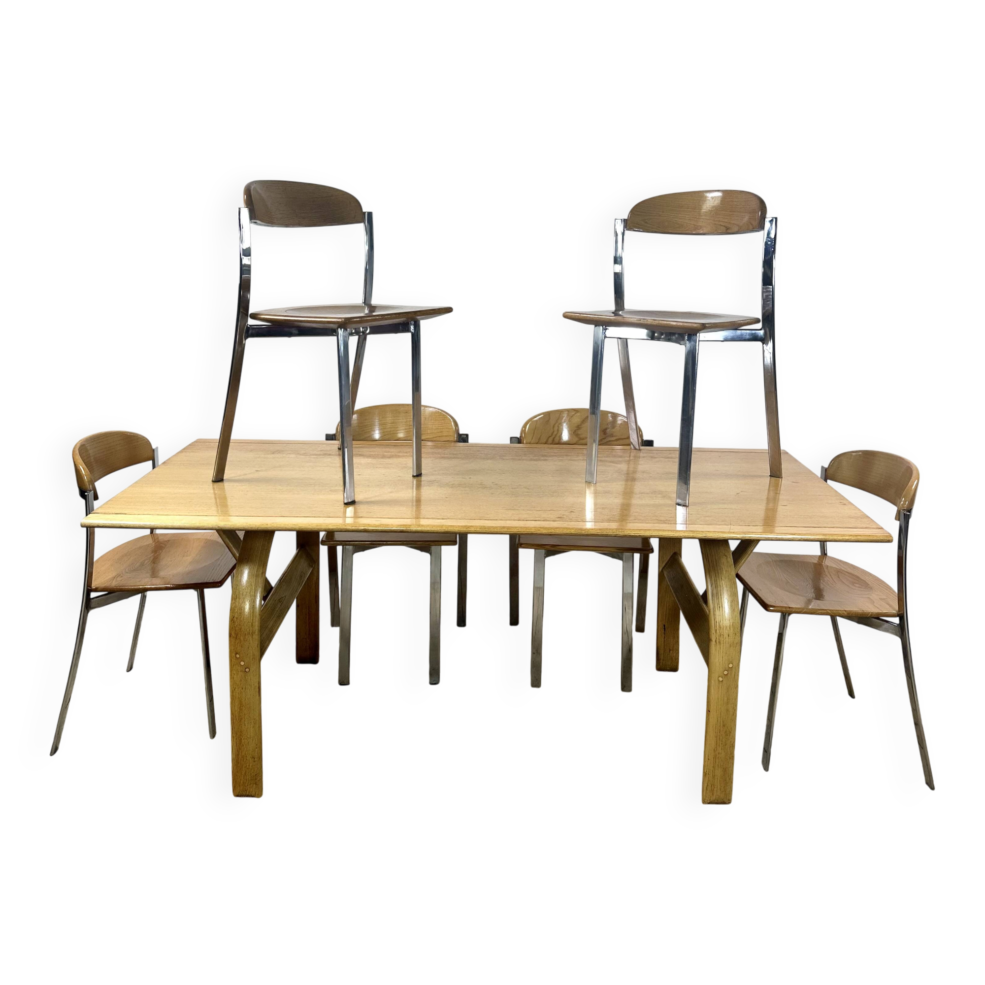Vintage 1980s oak and chrome dining table + 6 chairs.