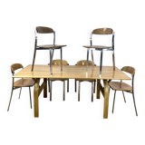 Vintage 1980s oak and chrome dining table + 6 chairs.