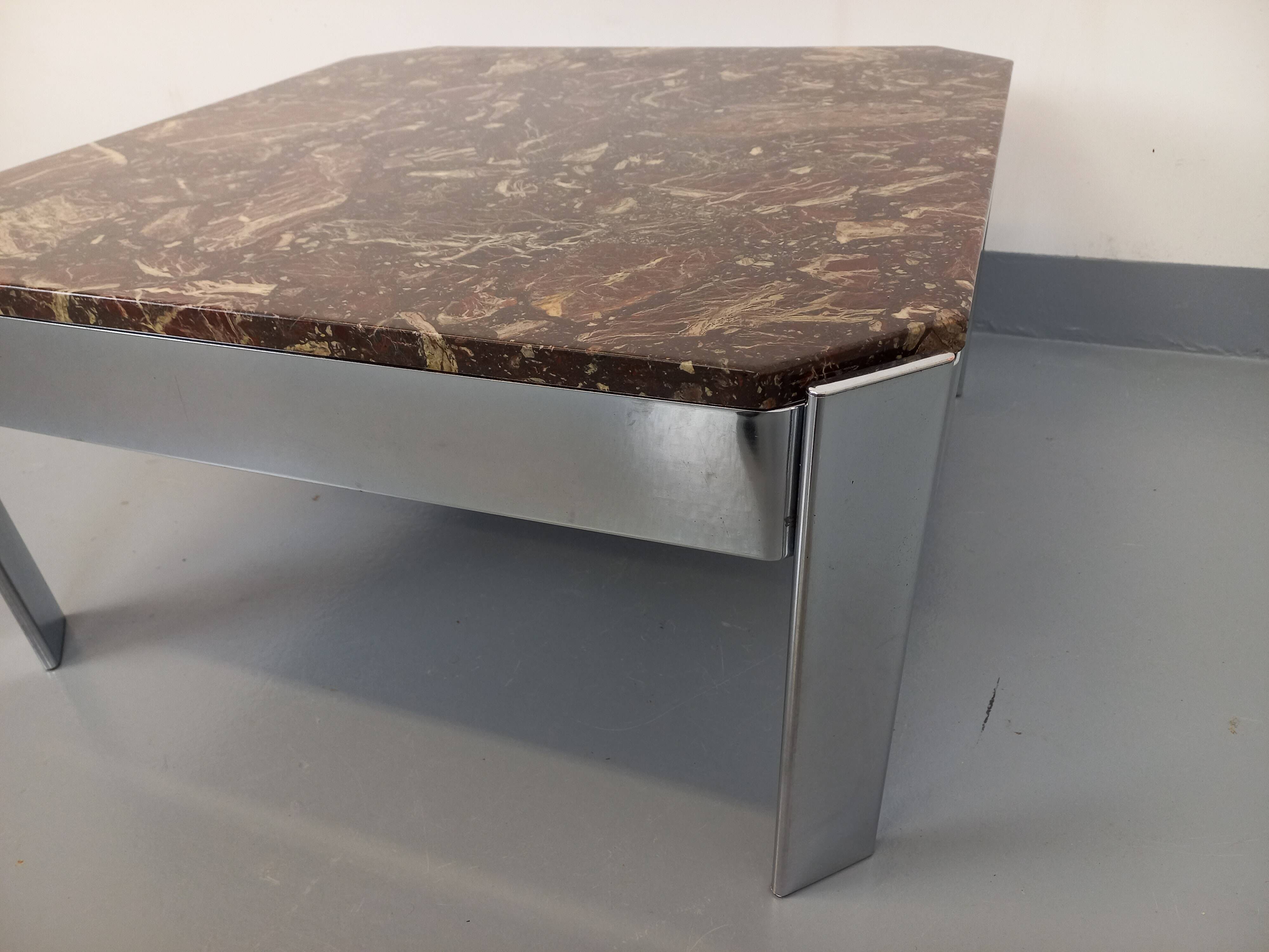 Vintage square coffee table in marble and chrome metal from the 70s