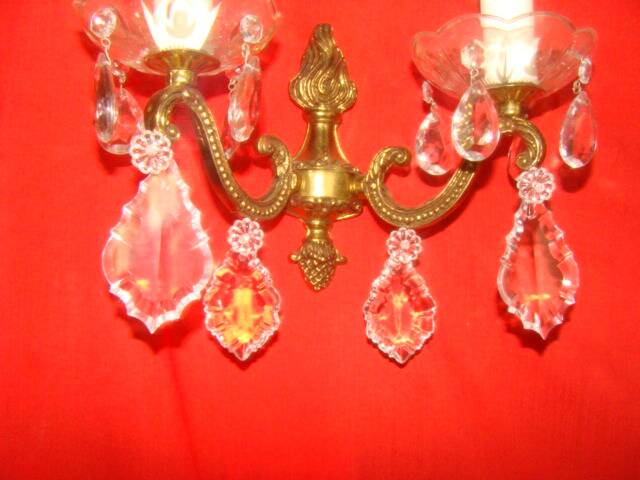 pair of bronze and crystal wall lights with 2 arms