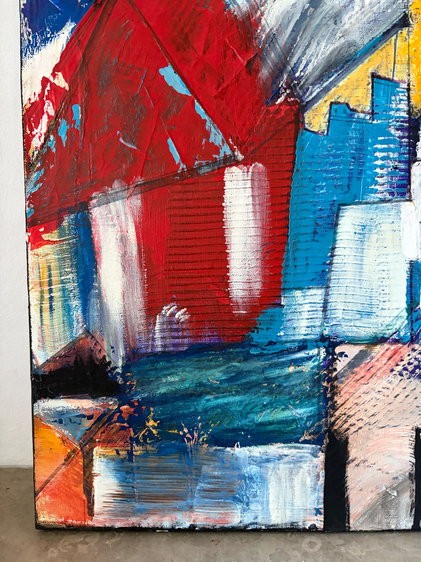 Abstract cubist houses, oil on canvas signed
