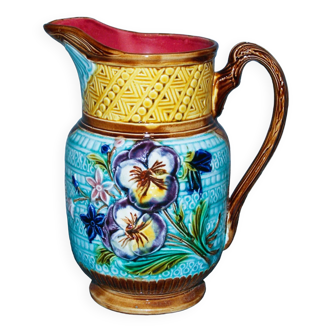 Old large Barbotine Pitcher decorated with “Pensées”
