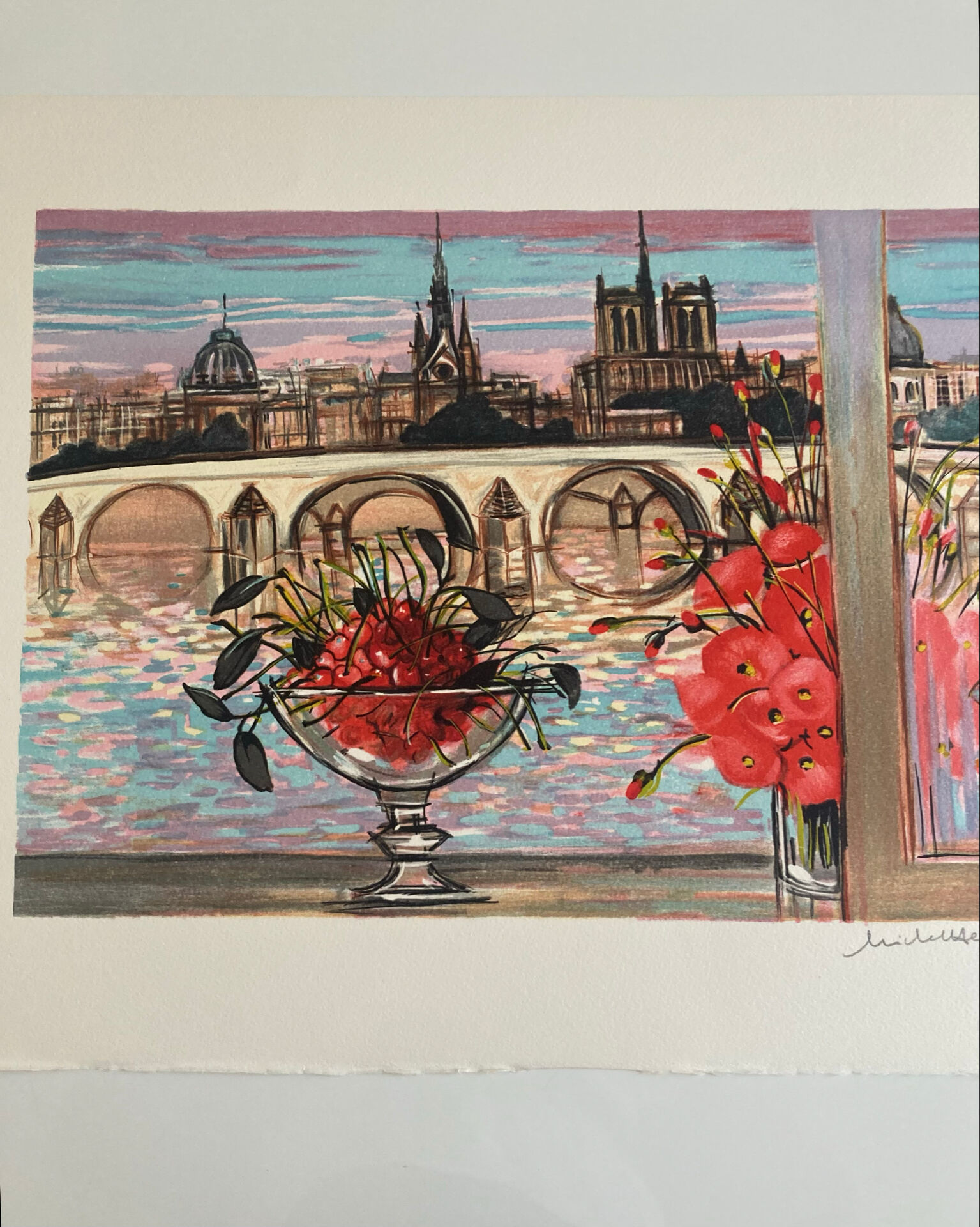 Lithograph signed by Michel Henry - The Institute and Notre Dame de Paris
