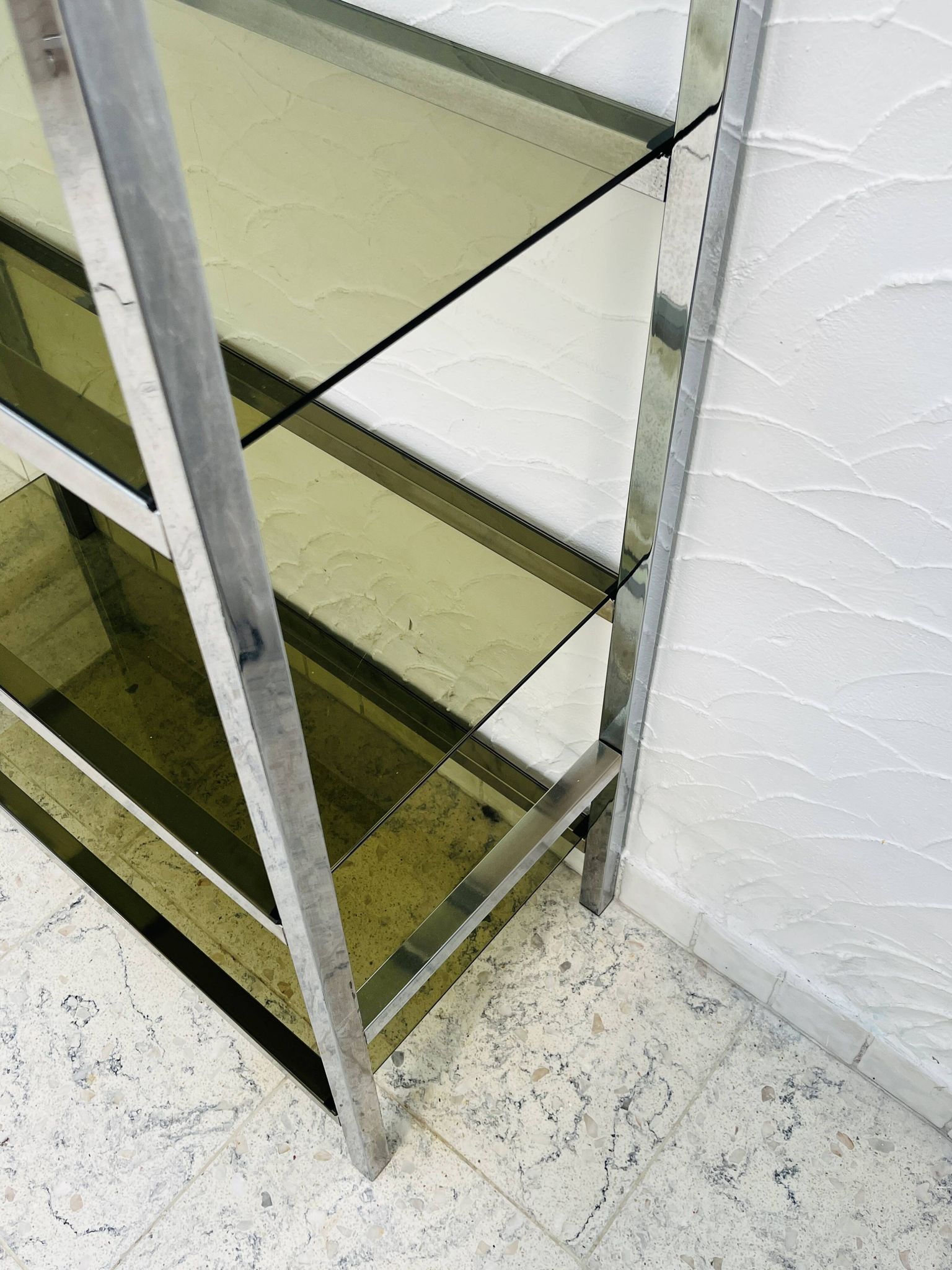 Chrome and smoked glass shelf in Italian 1970s style.