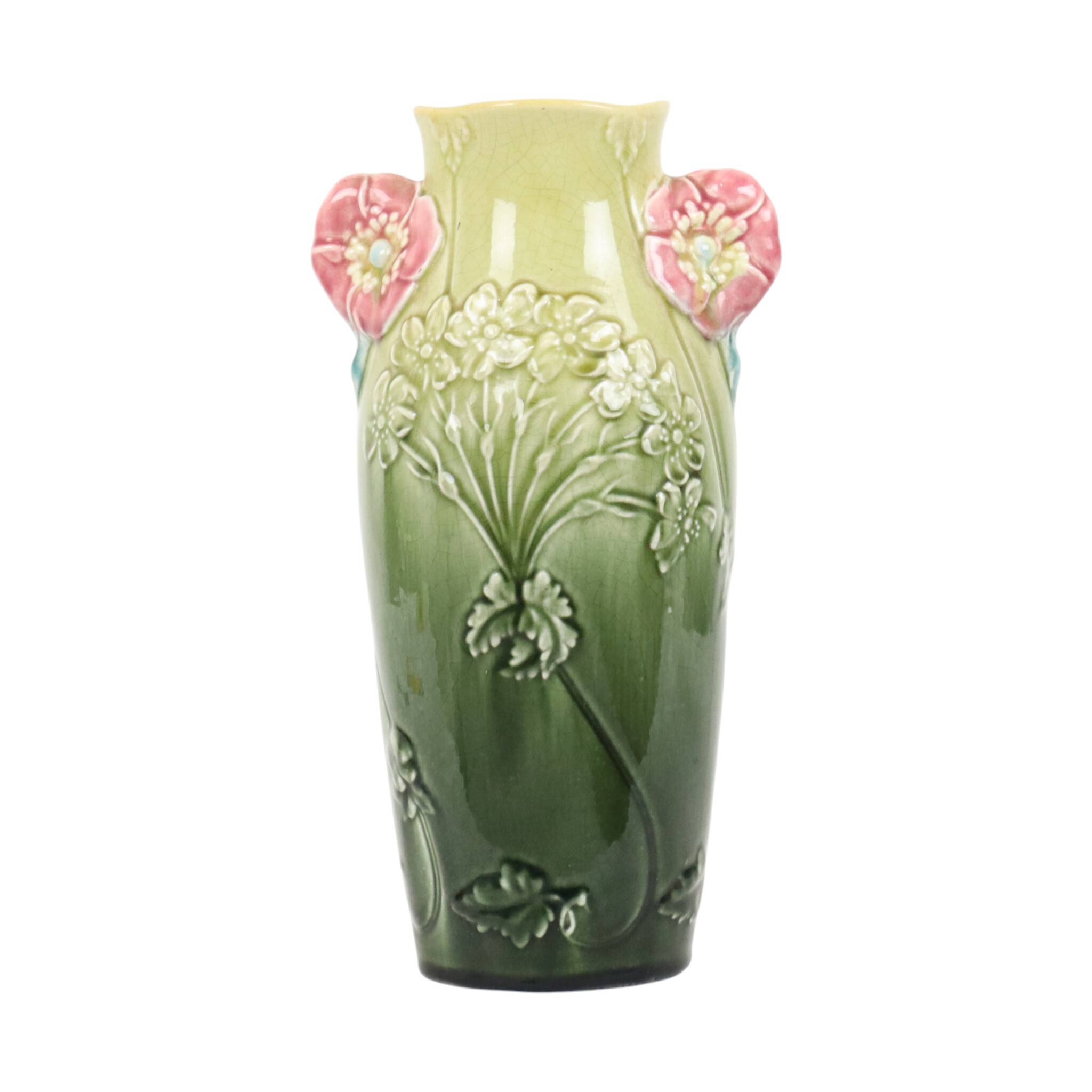 French Art Nouveau Vase Majolica Gustave De Bruyn 29cm