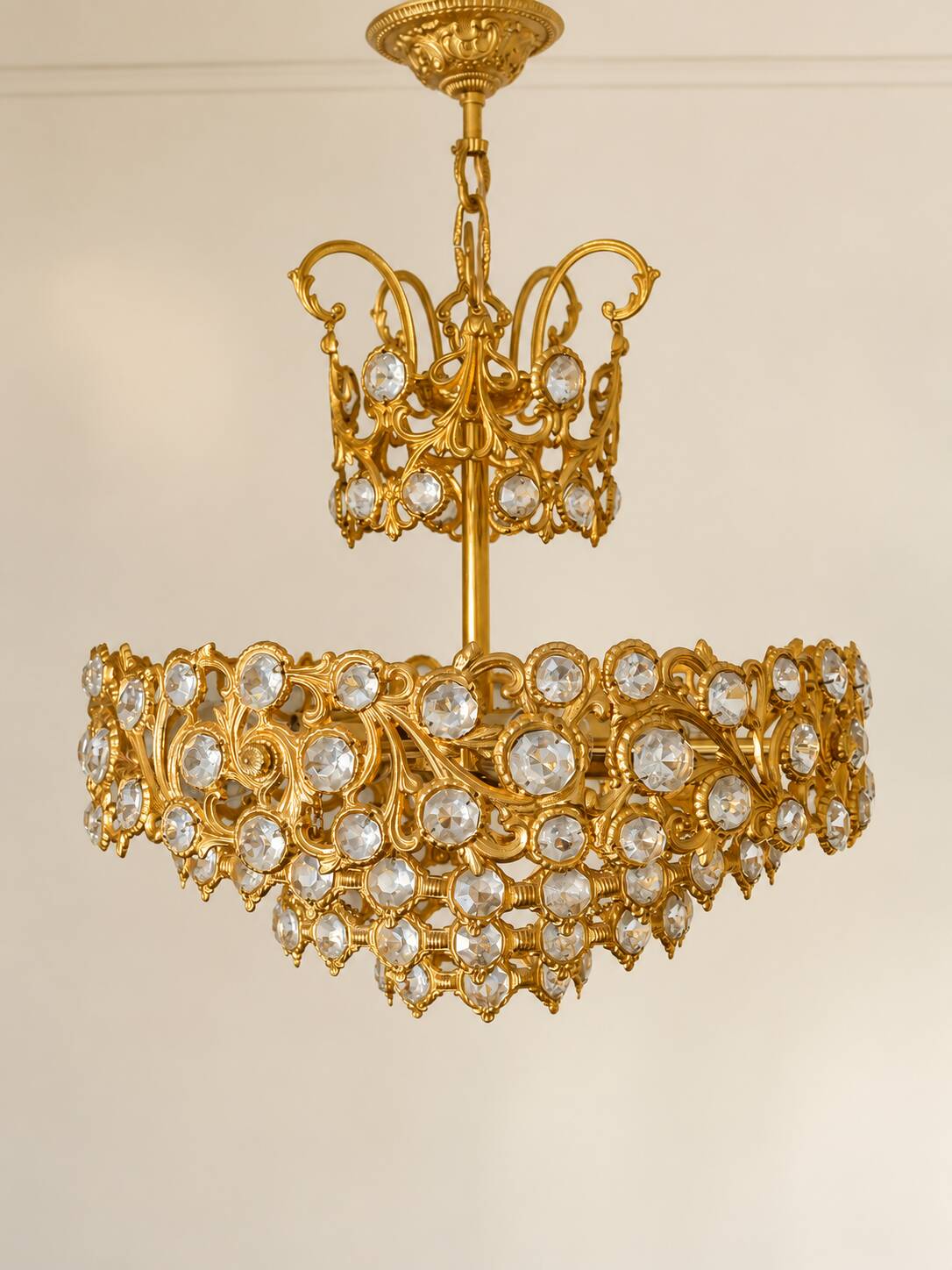 Brass and crystal chandelier plated with 24K gold PALWA, Germany, 1960s-70s.
