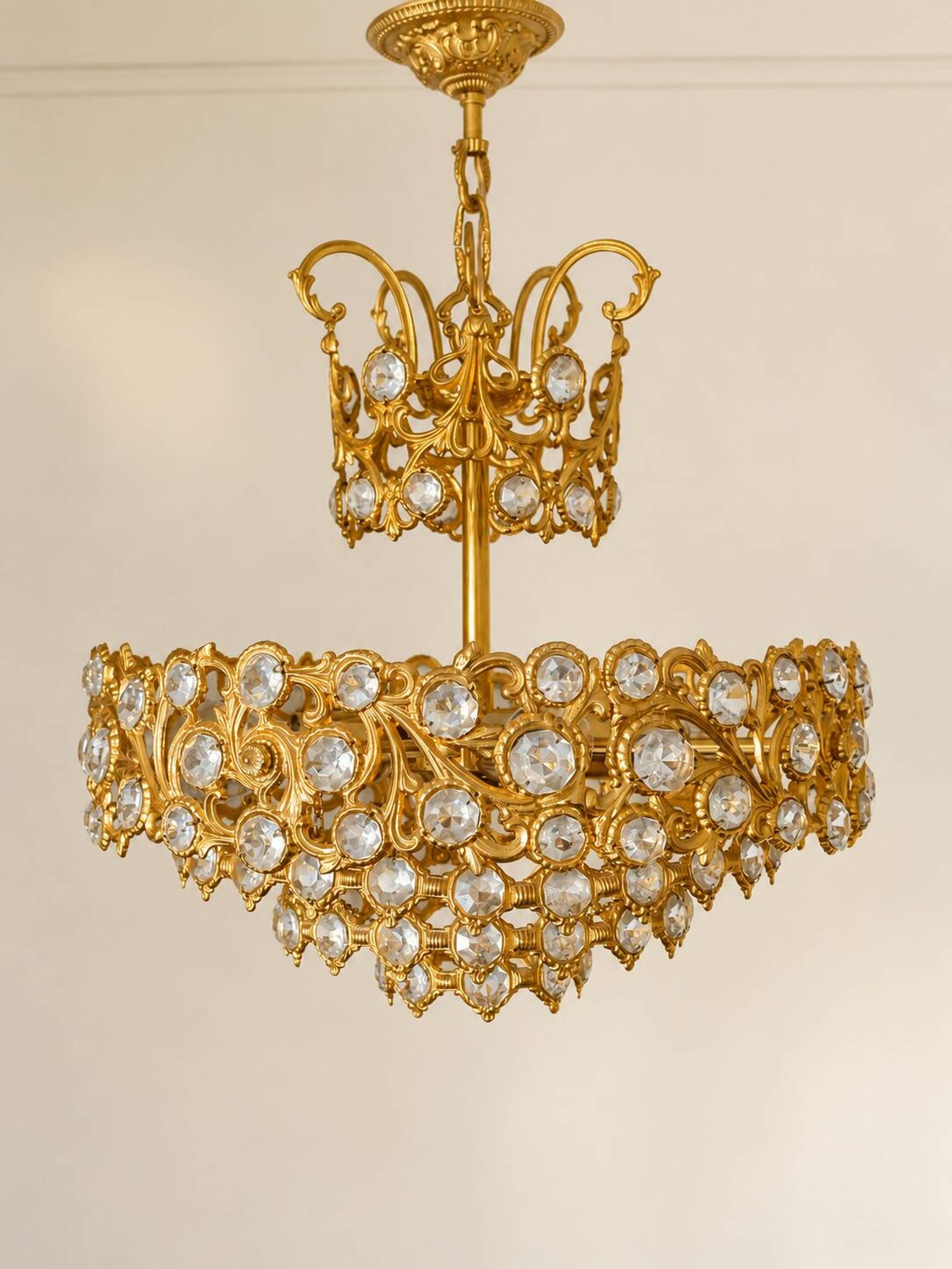 Brass and crystal chandelier plated with 24K gold PALWA, Germany, 1960s-70s.
