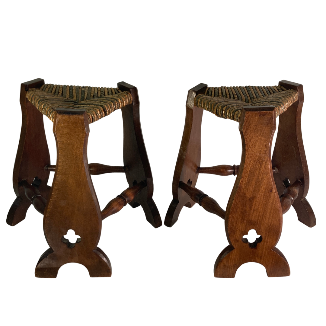 Pair of brutalist neo gothic rush oak tripod stools, France ca 1960s