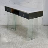 Modernist console, 1960s, glass base, wooden and fabric top.