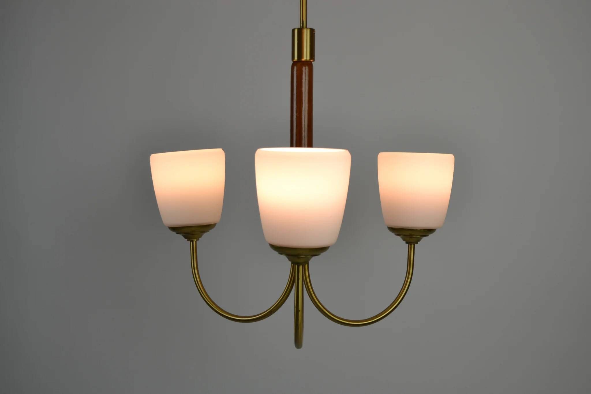 Scandinavian Modern Three-Light Pendant in Brass, Teak and Opaline Glass, 1960s