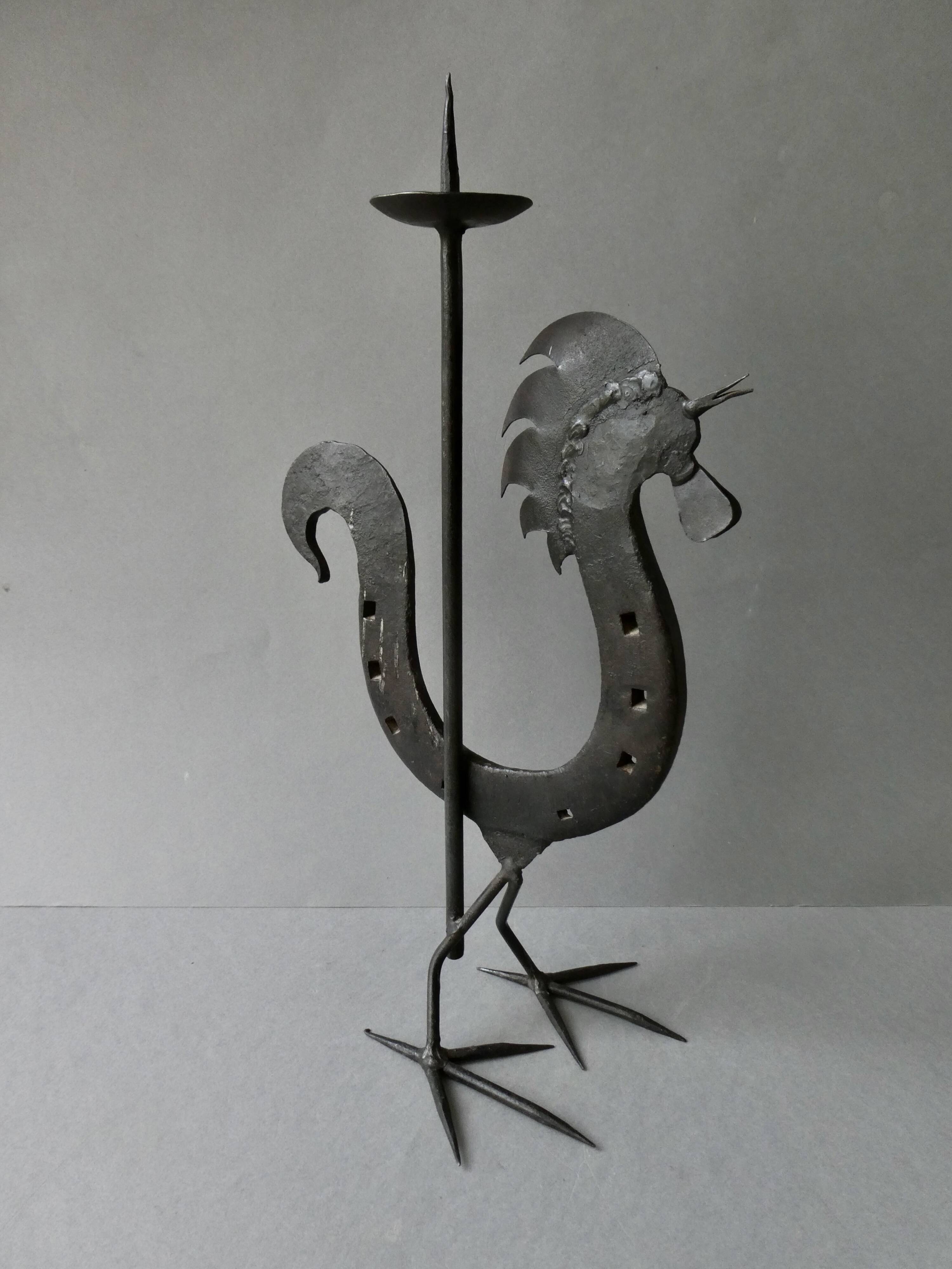 Rooster candle holder in wrought iron, brutalist