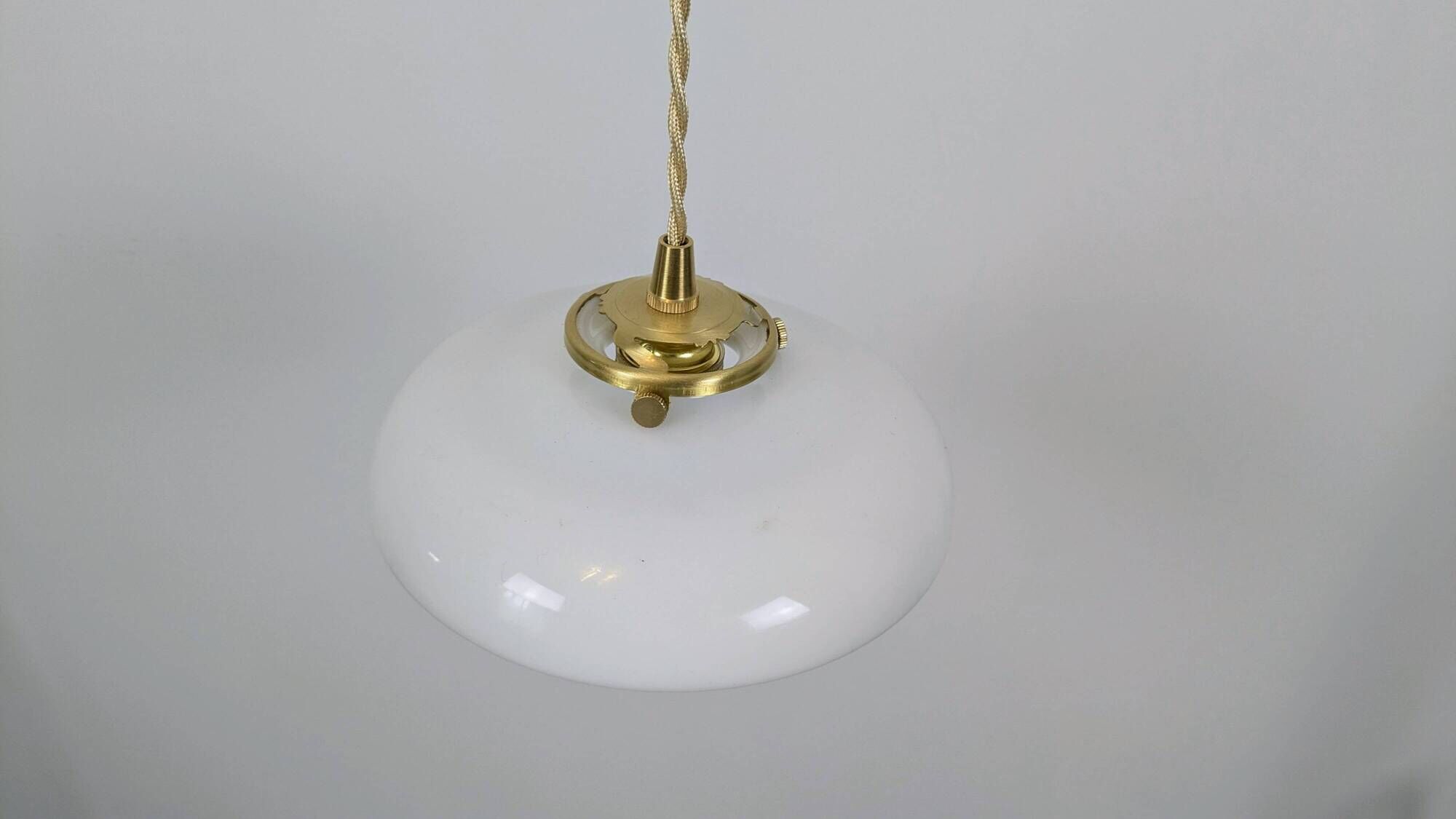 Vintage suspension in white opaline with a bulged shape – 1960s lampshade, brass.