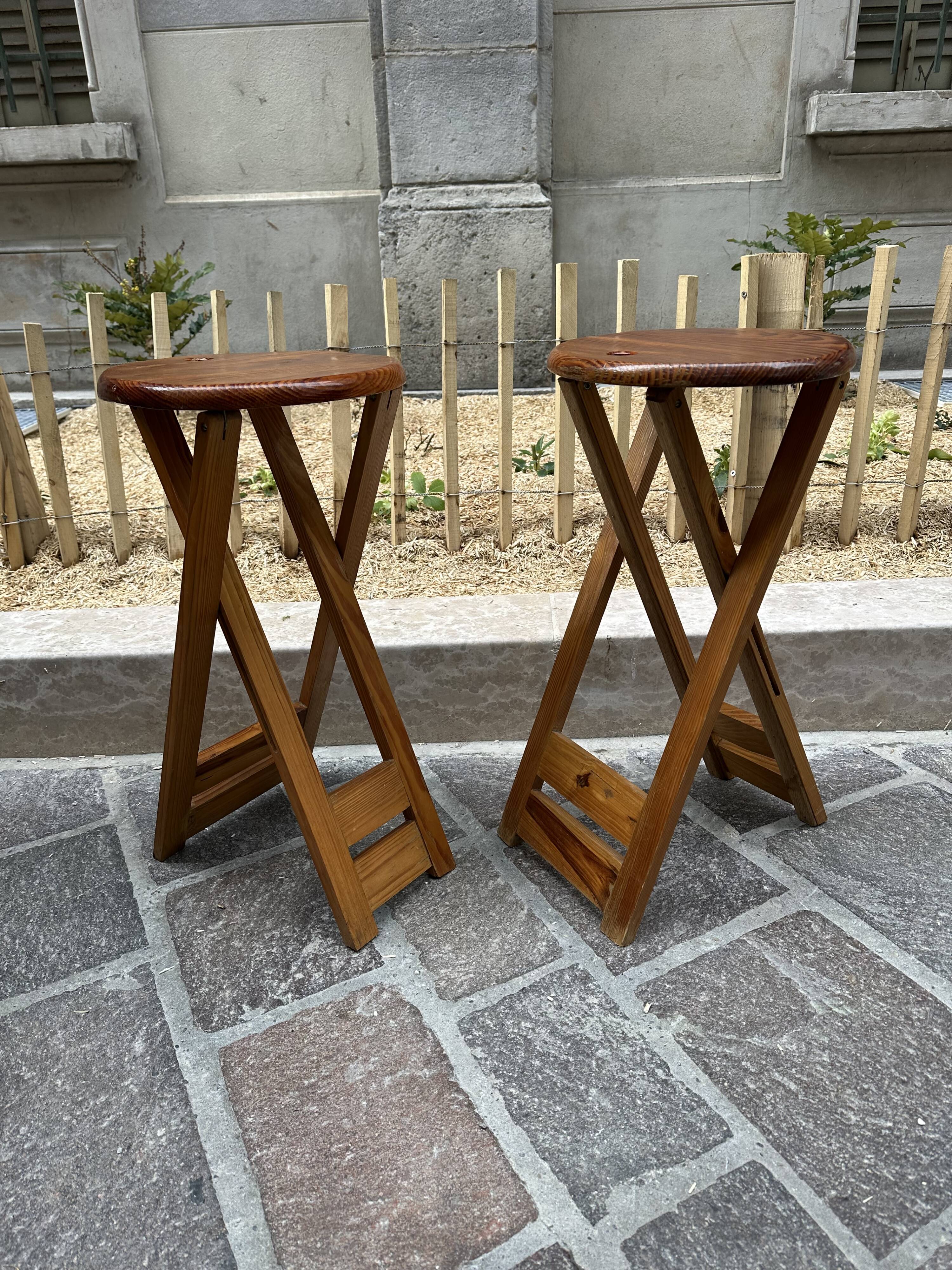 Pair of Adrian Reed Suzy folding stool seats in blond pine, 1970