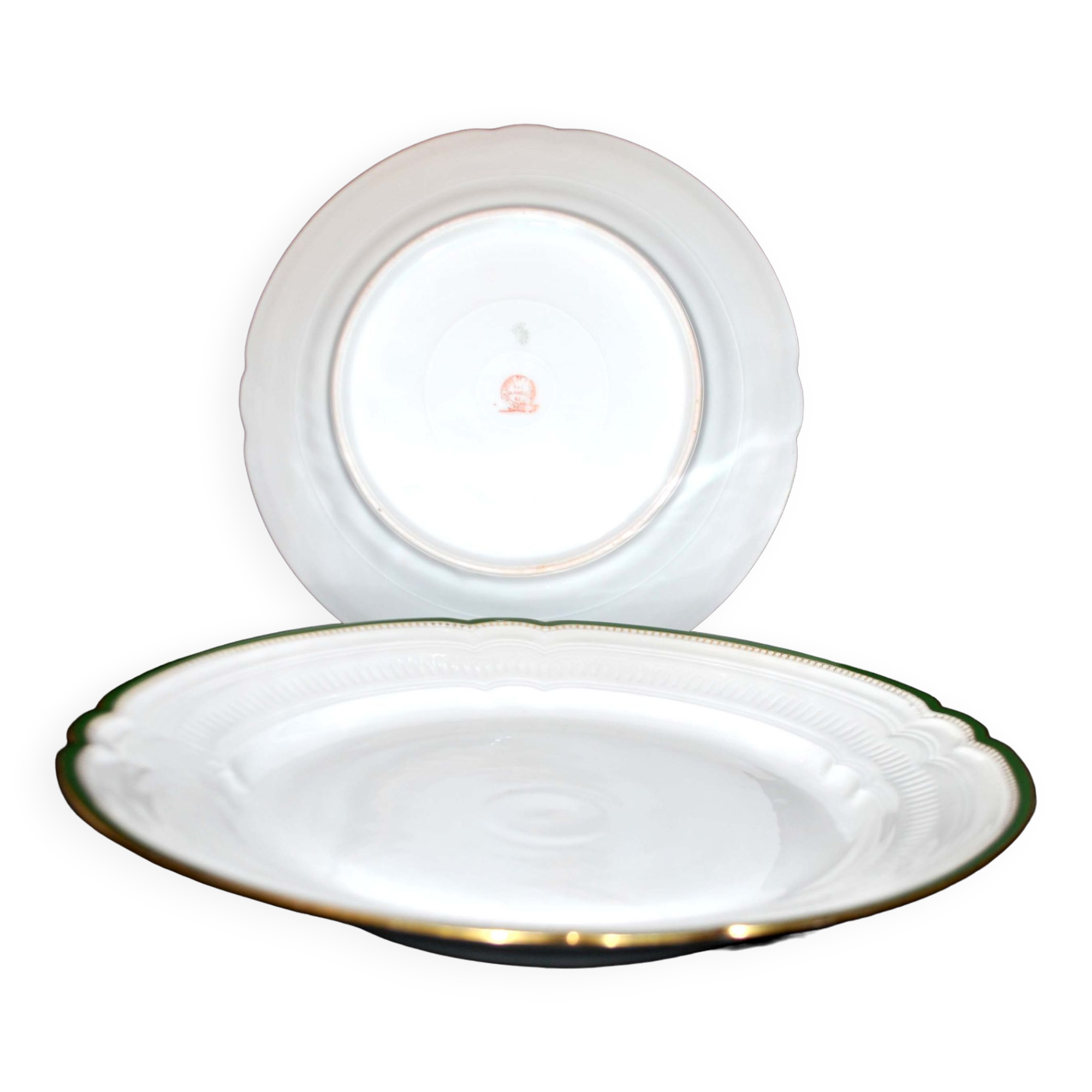 LIMOGES 2 round dishes antique chantournés in Green Gold edging porcelain "Aux Lions de Faïence Paris"
