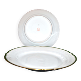 LIMOGES 2 round dishes antique chantournés in Green Gold edging porcelain "Aux Lions de Faïence Paris"