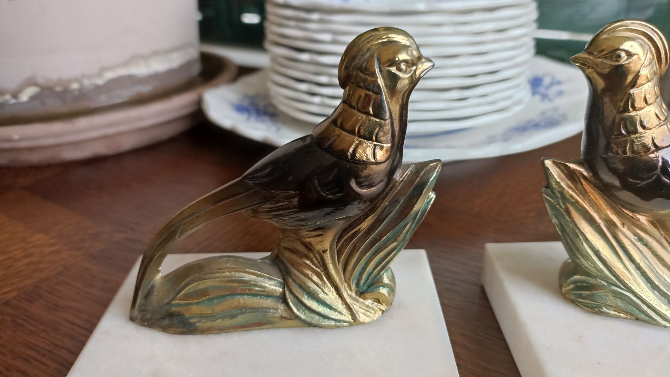 Marble and zinc art bookends - Pheasants