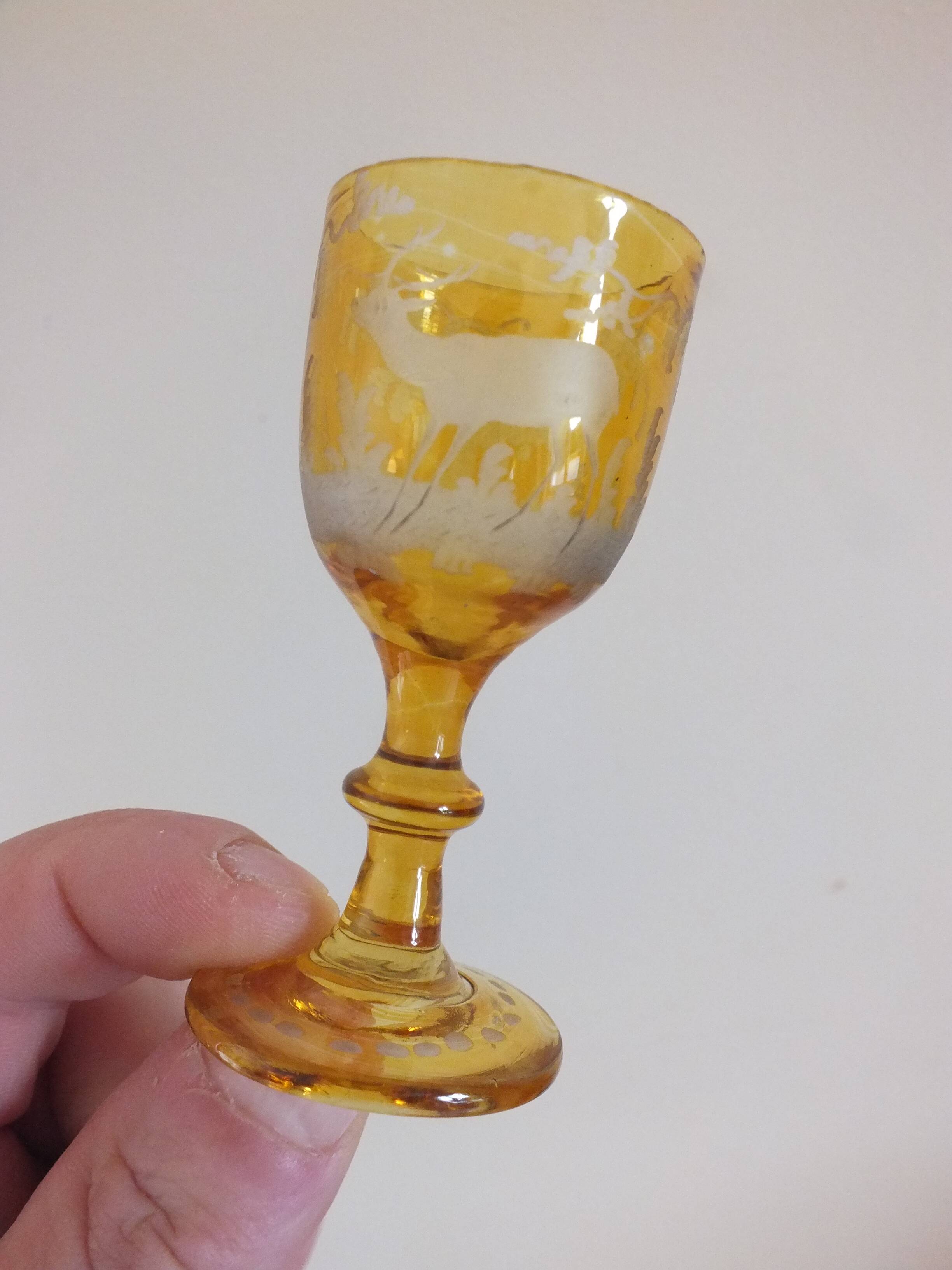 3 amber liquor glasses in Bohemian crystal