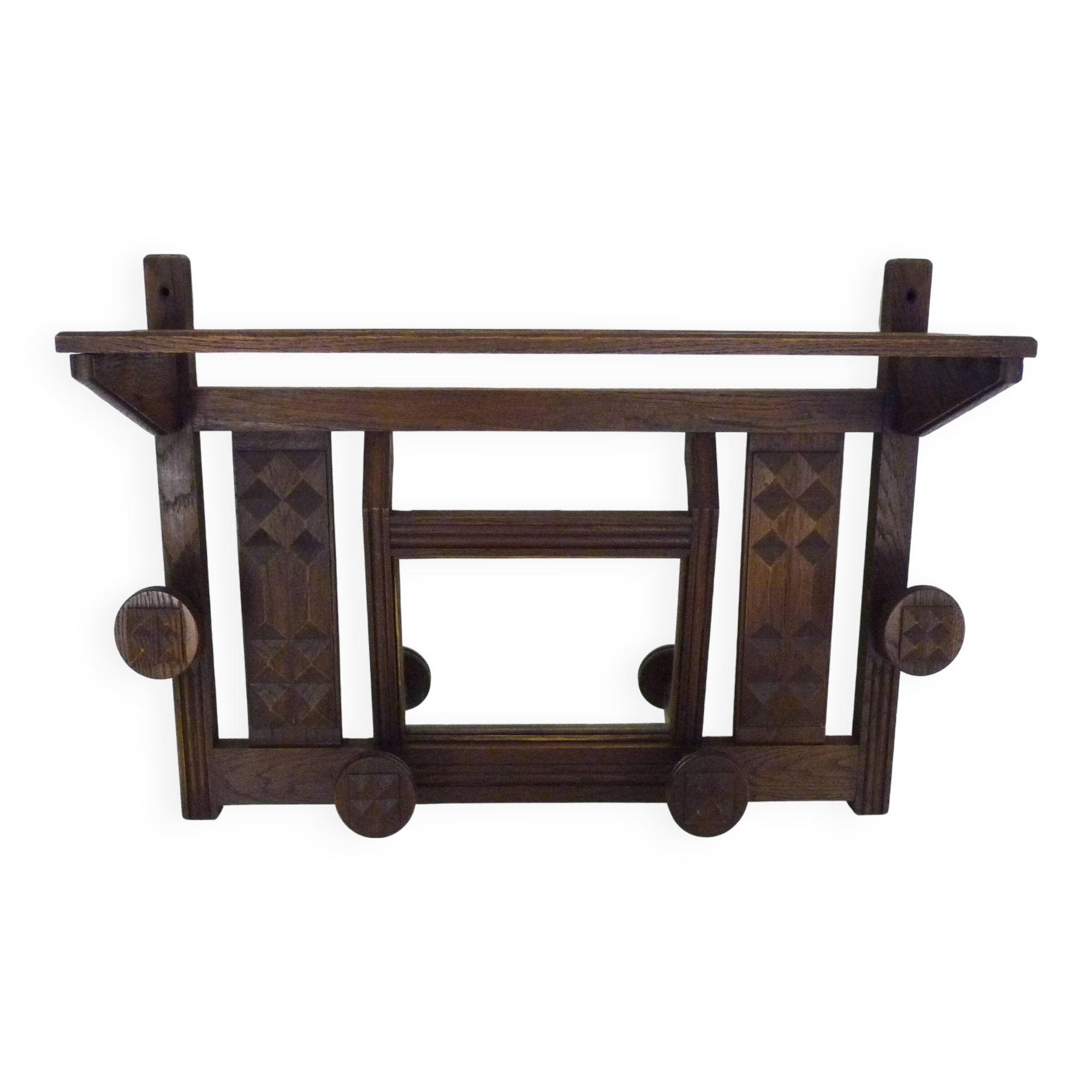 Ancien porte-manteau mural brutaliste avec miroir, 4 patères et un porte chapeau années 60 70