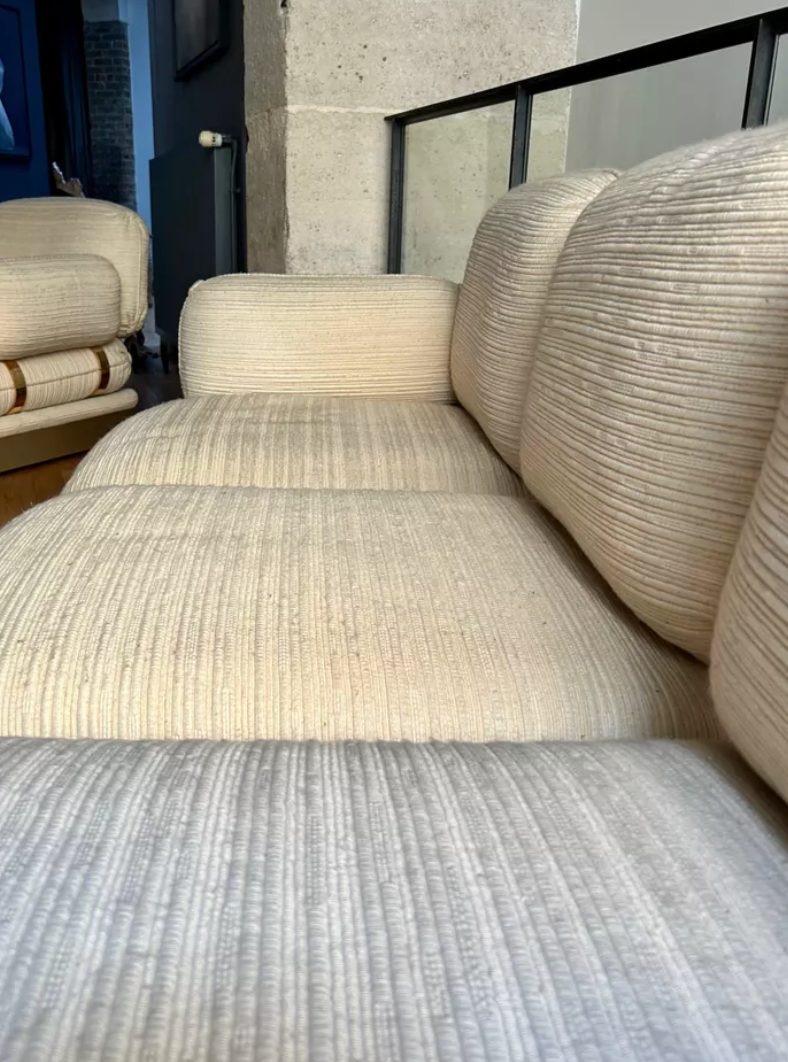 Vintage Thibier 3-seater sofa, beige fabric and brass, France 1978