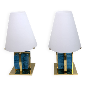 Pair of Contemporary Murano Glass and Brass Table Lamps