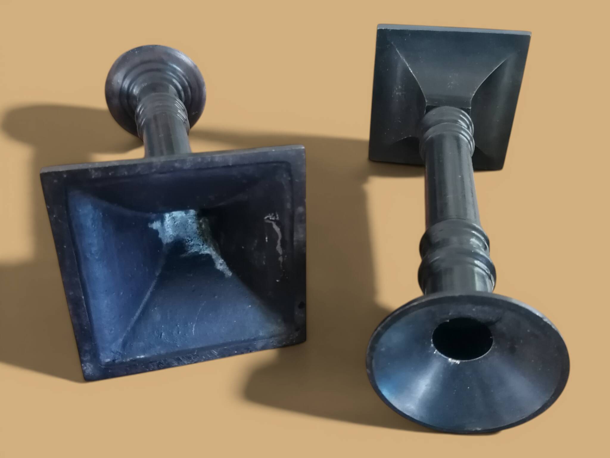 Pair of patinated bronze candlesticks Dutch Brustalistes