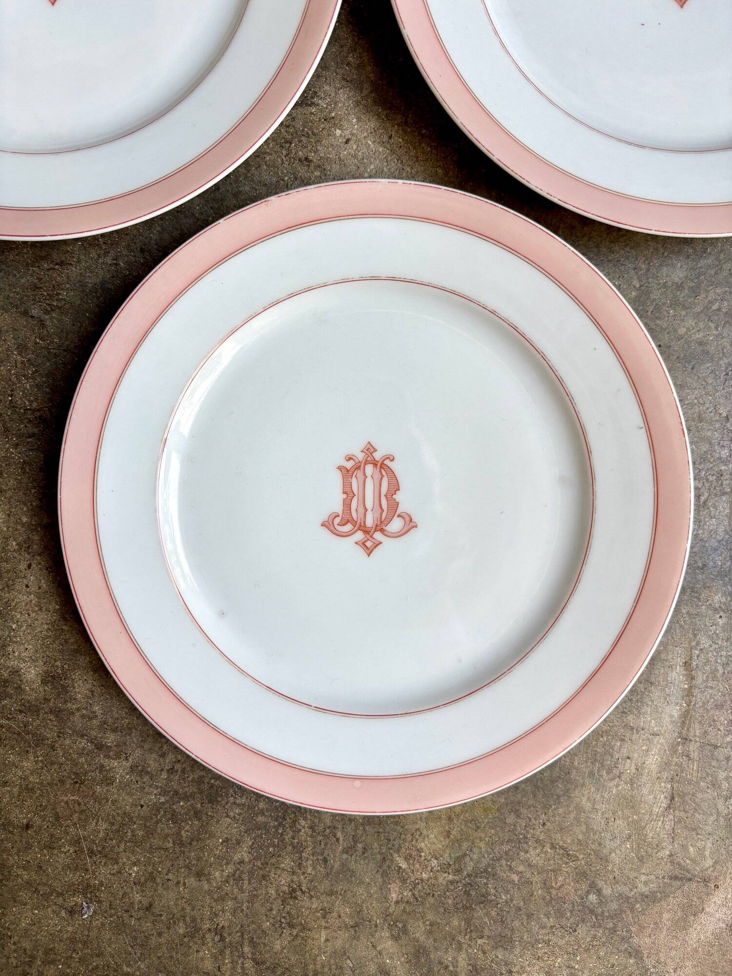 4 monogrammed pink porcelain dessert plates