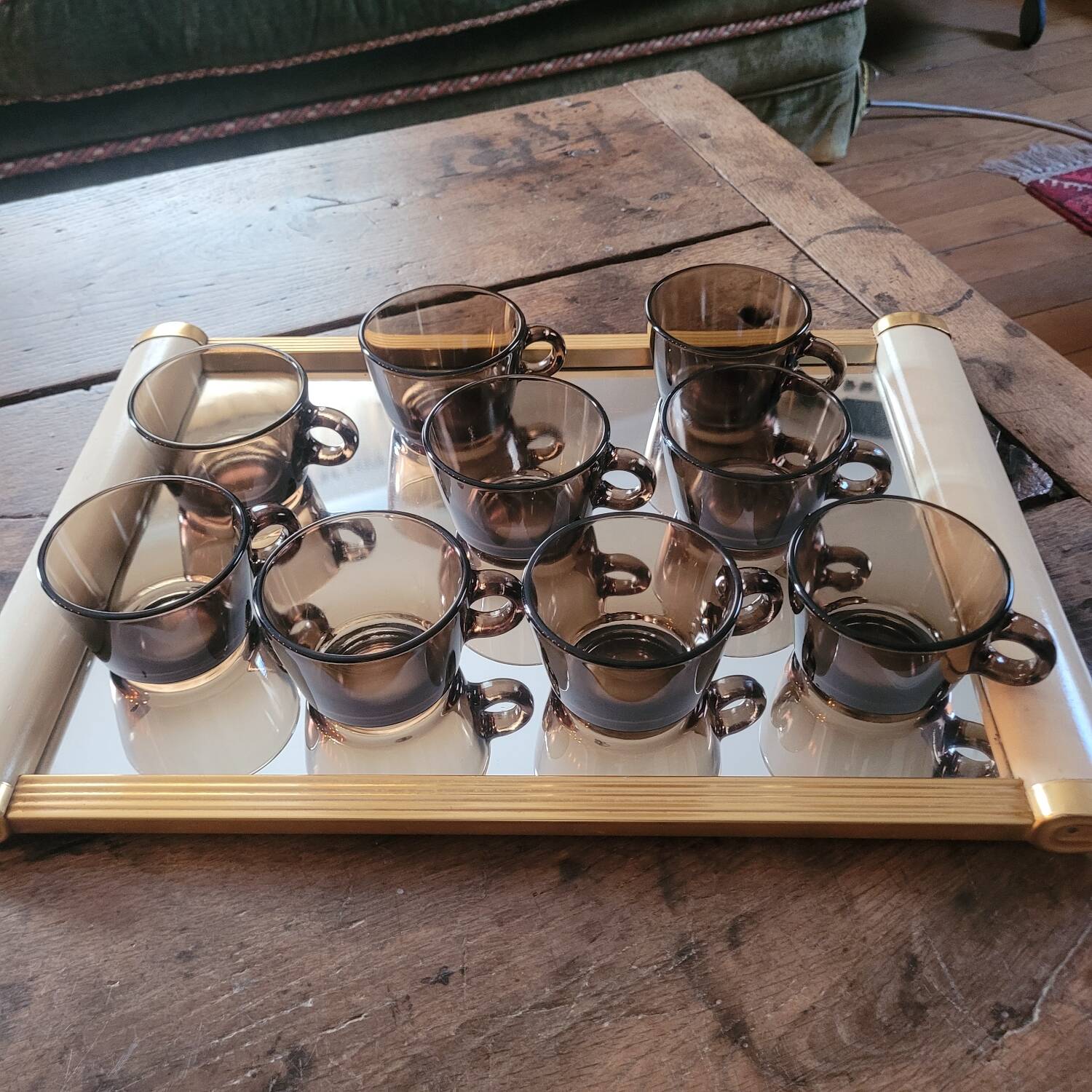 Set of 9 smoked glass cups — Vereco France, 1970s