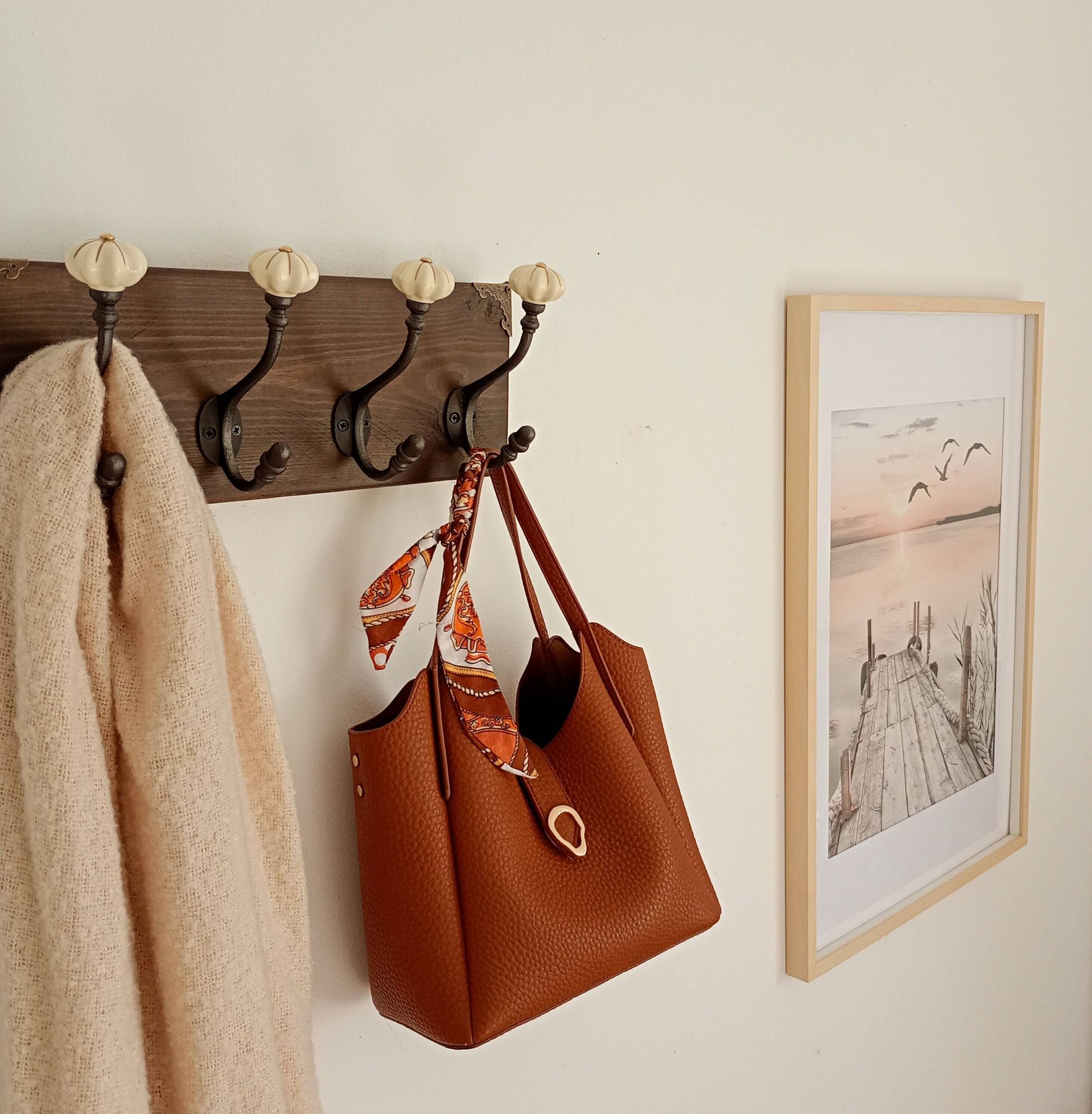 Wall-mounted coat rack wood hook cast iron and ceramic - handmade