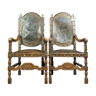 Pair of Renaissance armchairs in natural wood and Cordoba leather