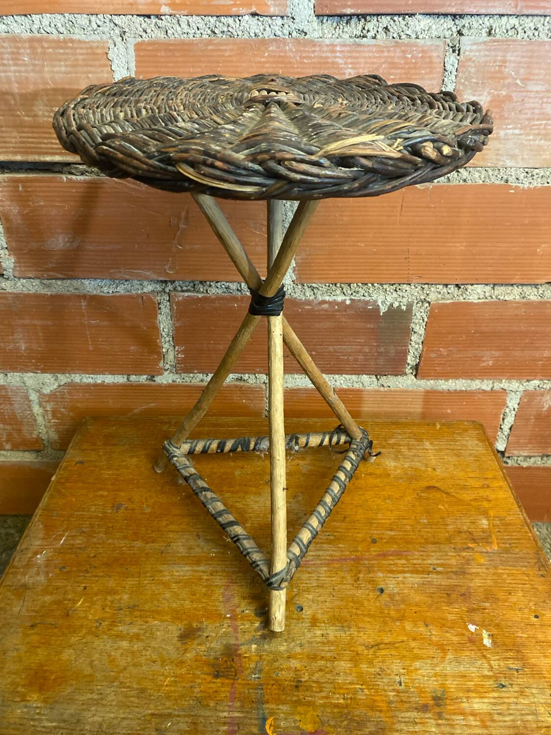 Vintage wooden tripod side table + woven wicker top