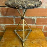 Vintage wooden tripod side table + woven wicker top