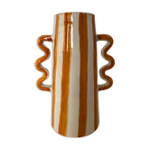 Yellow and white striped ceramic vase with abstract handmade wavy handles