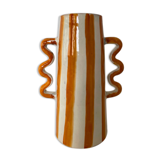 Yellow and white striped ceramic vase with abstract handmade wavy handles