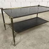 Table basse en laiton, verre et cuir des années 50