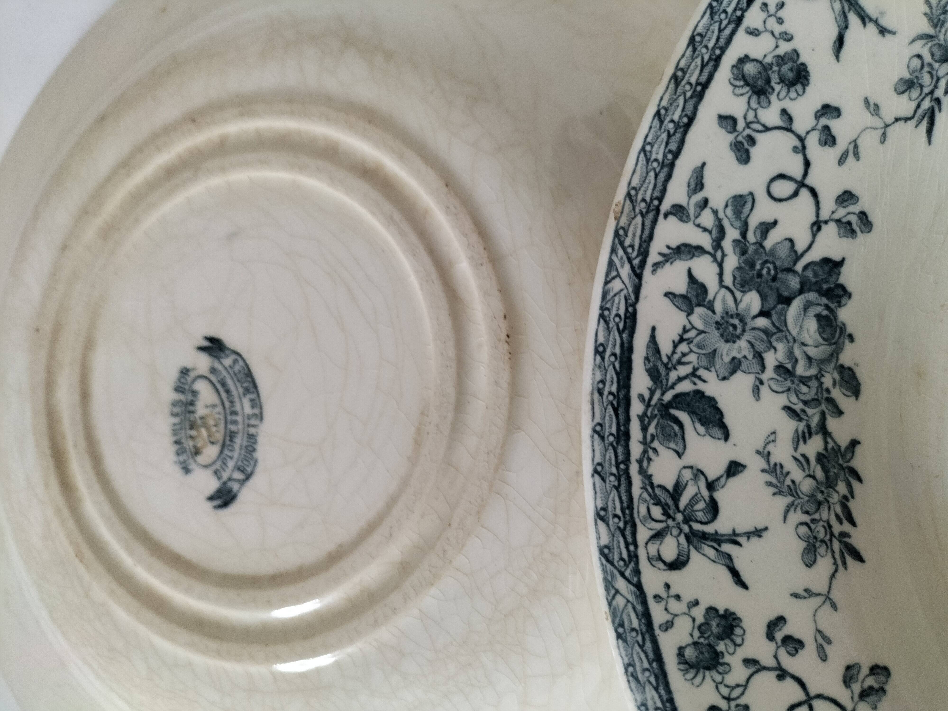 4 assiettes creuses Gien Bouquets de Roses terre de fer bleu de prusse