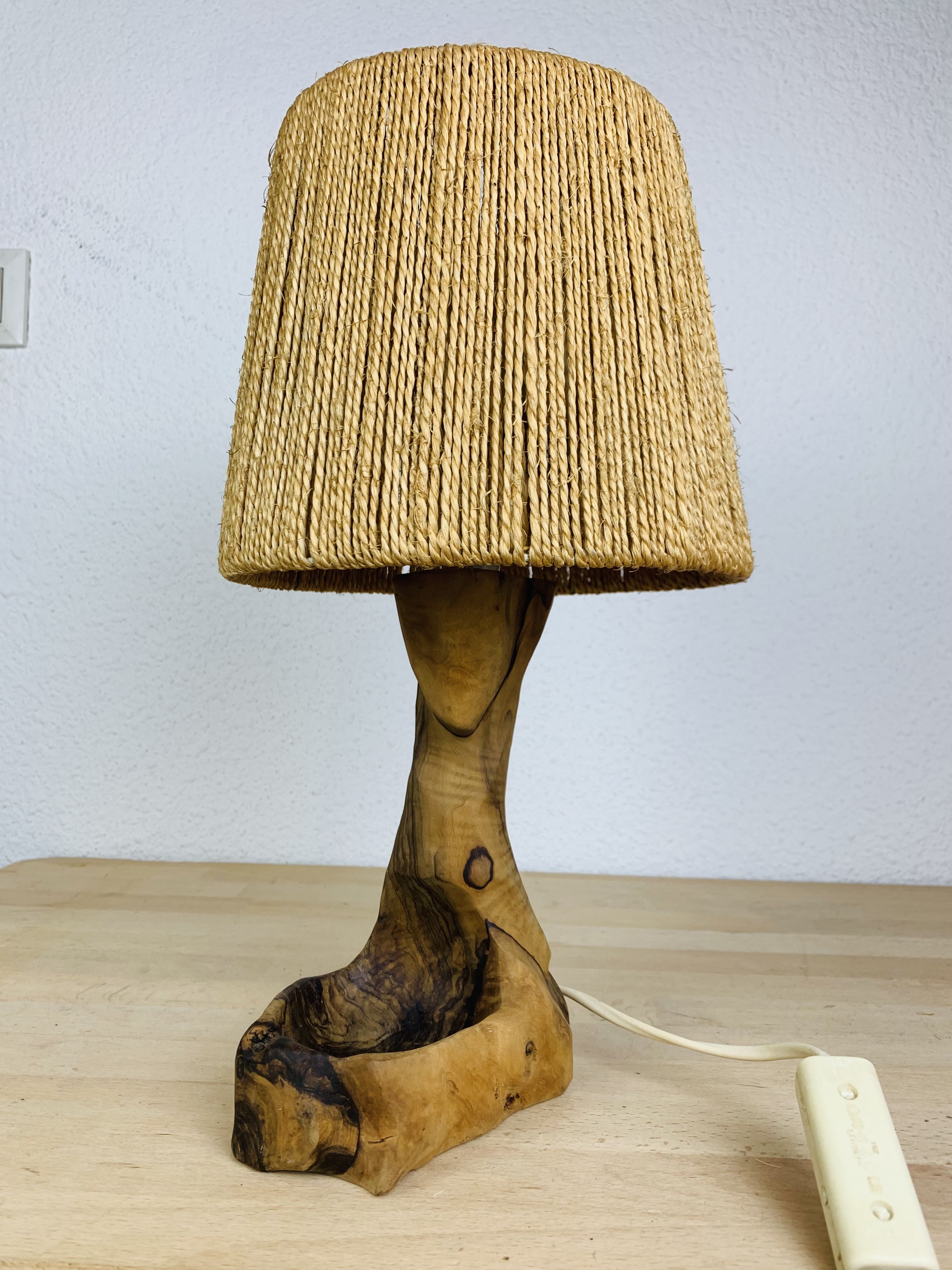Brutalist lamp olive wood and organic style rope