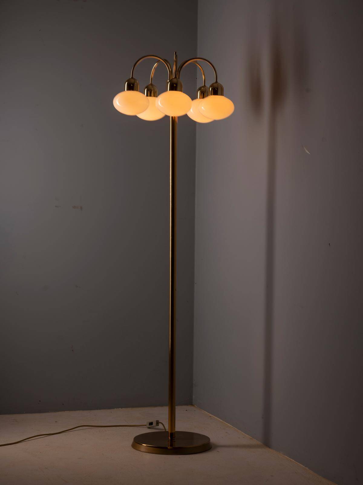 Vintage brass floor lamp with five opaline glass shades, mid-century, Czechoslovakia, 165 × 60 × 30 cm