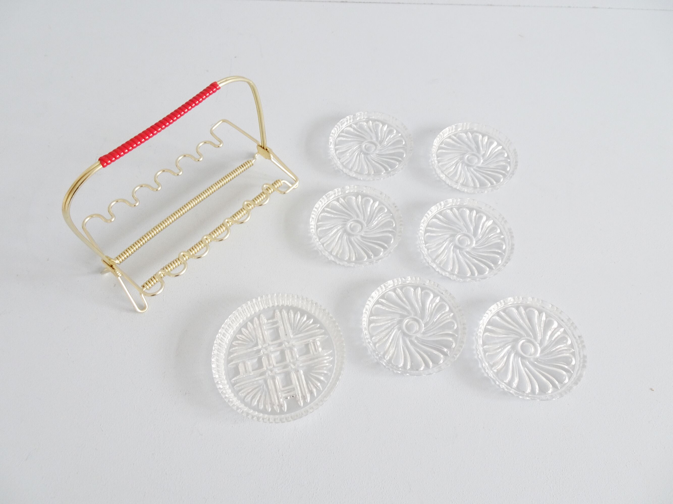 Glass coasters in stand, eight piece bar set, mid century bar accessories