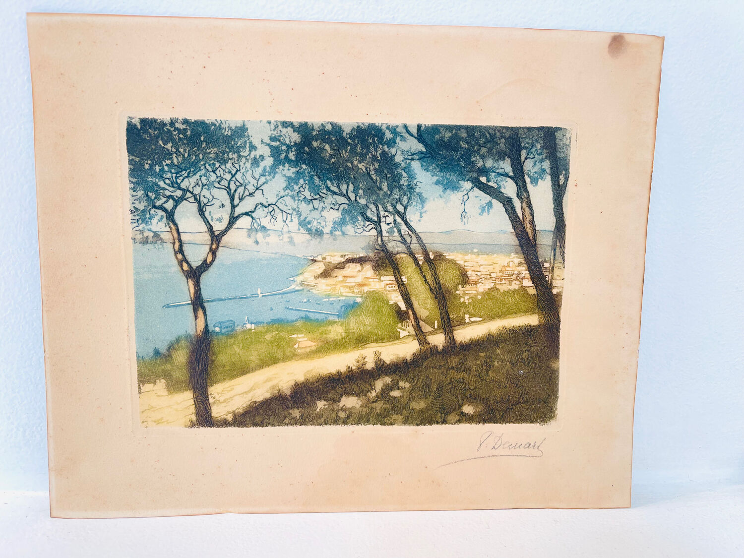 Old colour-enhanced etching – Mediterranean view from