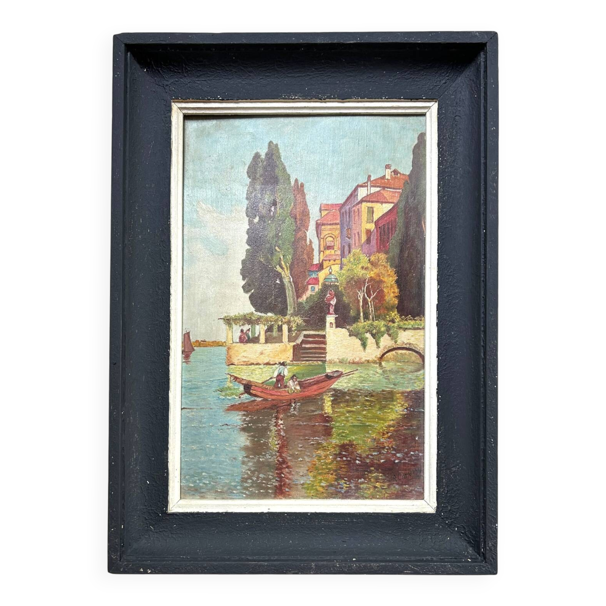 Barge on Lake Como, oil on panel, R. Corvisy, 20th century