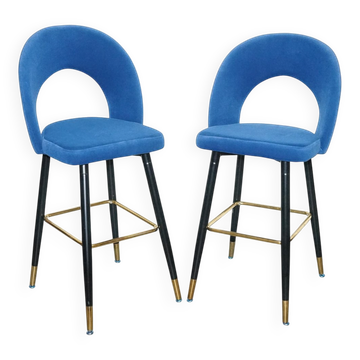 Chaises de Bar en Velours Bleu avec Cadre Doré